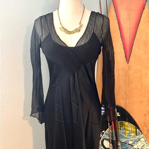 VTG Lillie Rubin,Chiffon Upper,Silky Black Satin Dress,Gorgeous Sheer Sleeves,8M - Picture 5 of 15